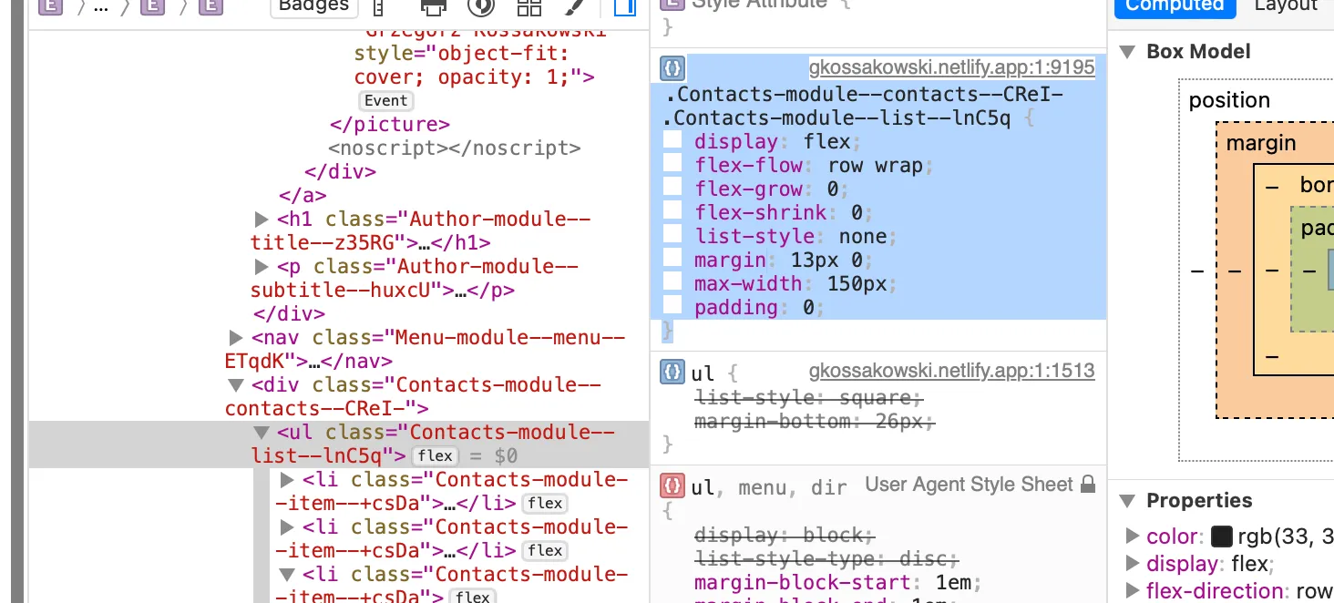 Screenshot: CSS snippet in Safari
