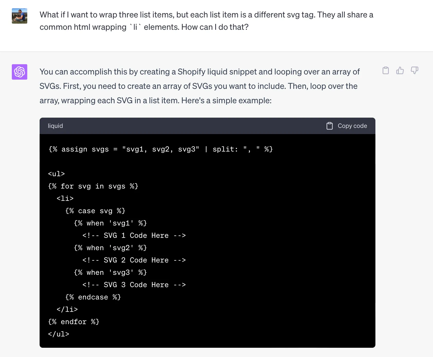 Screenshot: ChatGPT on how to wrap SVG elements in li elements