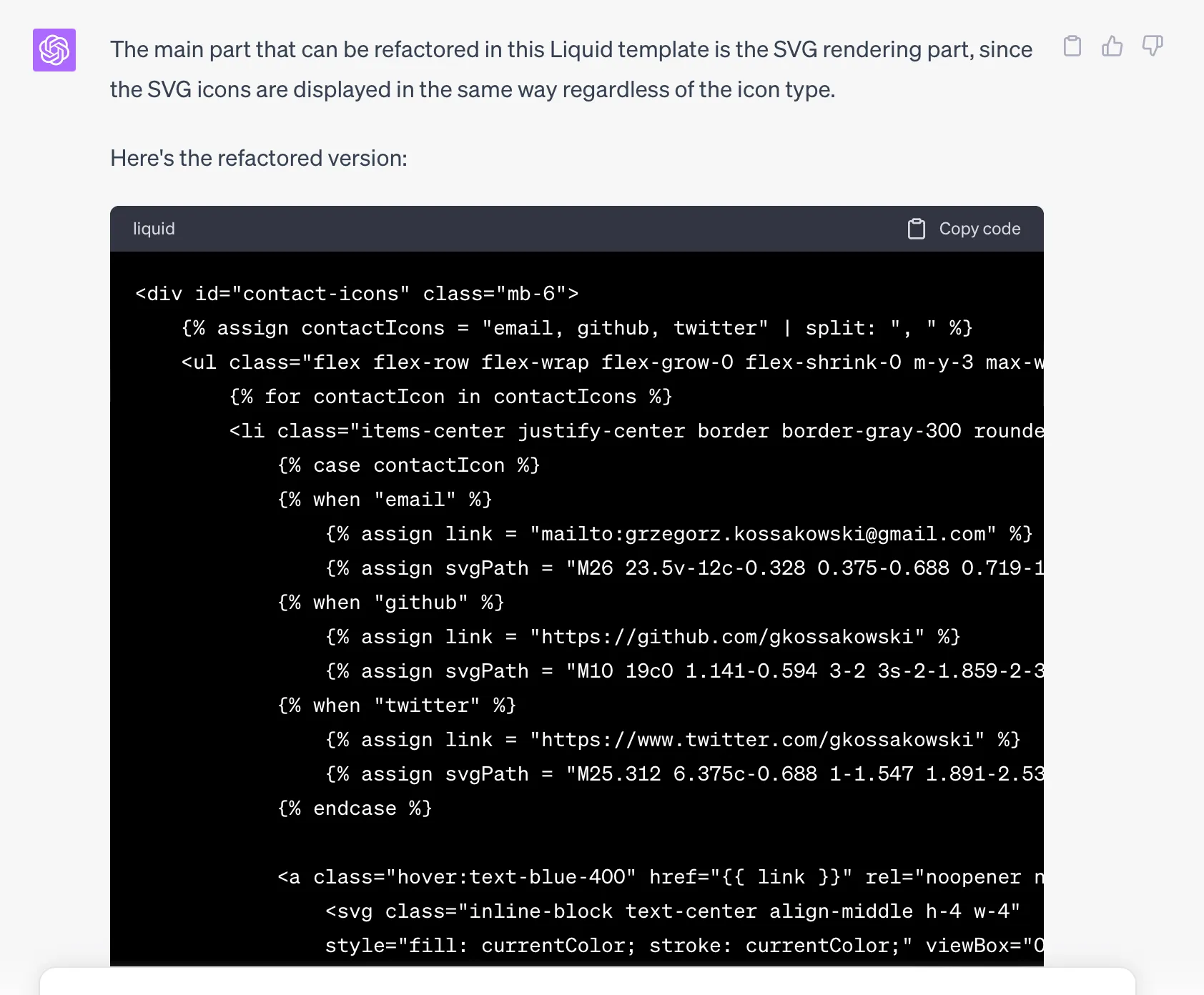 Screenshot: Liquid code cleaned up by ChatGPT
